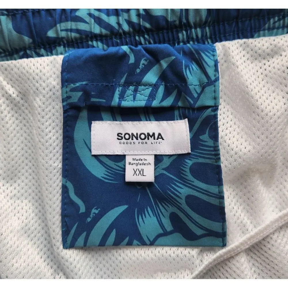 Swim Trunks Blue Tropical Hawaiian Print Elastic Plus Drawstring‎ Size XXL NEW